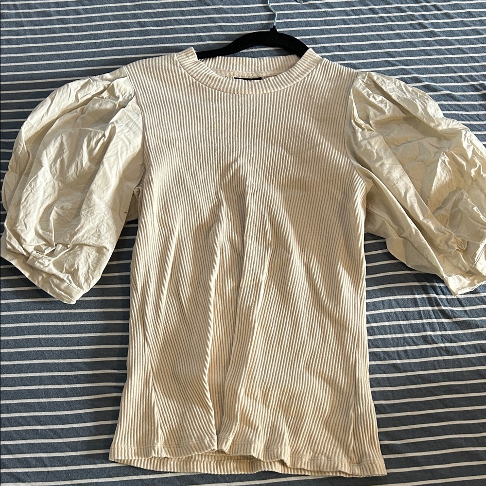 Who What Wear Cream Puff-Sleeve Ribbed Top